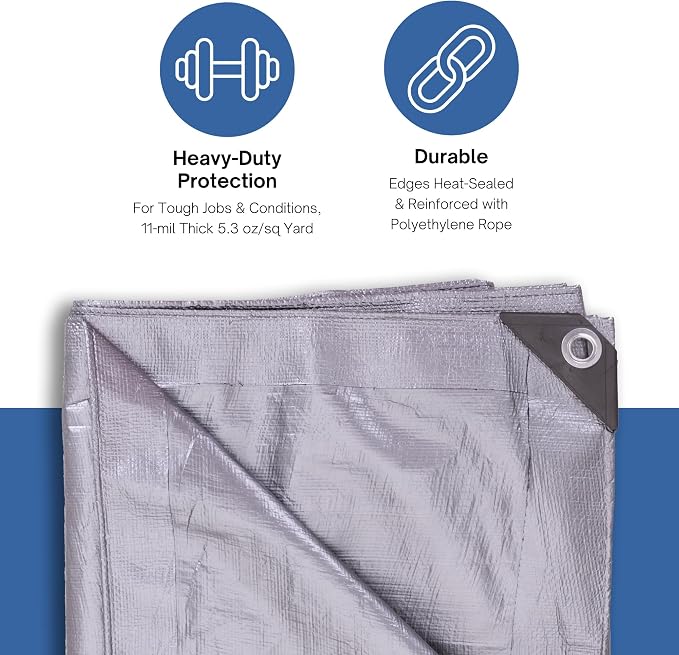 Kotap 8 x 20 Ft. Heavy-Duty Protection/Coverage Tarp, Superior Weave for Greater Longevity, 10-mil Multi-Use, Waterproof, TRS-0820, Silver (1-Pack)