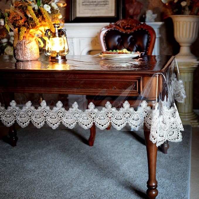 SUTAVIA Vinyl Tablecloth 100 Waterproof lace Table Cloth Environmentally PVC Oil Proof Table Protector Oblong Transparent Table Cover for Home Dining Table Parties(Gold, 60"x84")