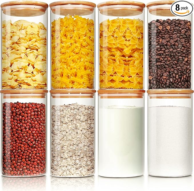 Glass Jars with Bamboo Lids 30 floz Set of 8, Glass Canisters with Airtight Lids, Glass Food Storage Containers for Pasta, Oats, Coffee, Flour, Sugar, Rice, Best for Kitchen  Pantry