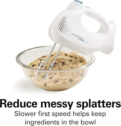 Hamilton Beach Power Deluxe 6-Speed Electric Hand Mixer with Snap-On Storage Case, QuickBurst, Beaters, Whisk, Powerful 250 Watt Motor, Bowl Rest, White (62695V)