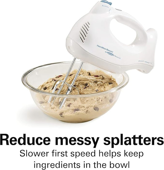 Hamilton Beach Power Deluxe 6-Speed Electric Hand Mixer with Snap-On Storage Case, QuickBurst, Beaters, Whisk, Powerful 250 Watt Motor, Bowl Rest, White (62695V)