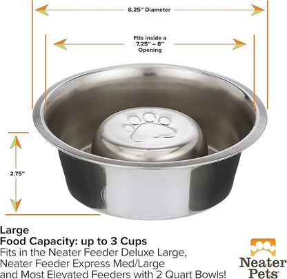 Neater Pet Brands Stainless Steel Slow Feed Dog Bowl for Fast Eating Large Breed, Metal Slow Feeder Dog Bowl Fits in Large Neater Feeders, for Puppy or Dogs (40 lbs), 3 Cup Food Capacity