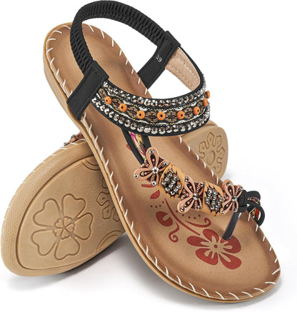 Ablanczoom Flat Sandals for Women Summer: Casual Boho Beaded Toe Ring Dress Shoes - Comfortable Vacation Daily Walking Shoes.