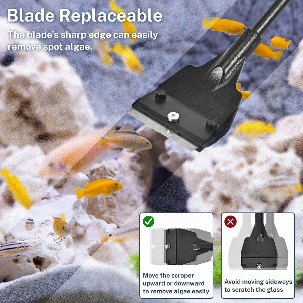Yee Fish Tank Scraper Cleaner for Glass Aquariums, 21" Handheld Scraper Cleaning Razor with 5 Stainless Steel Blades for Fish Reef Plant Glass Tank