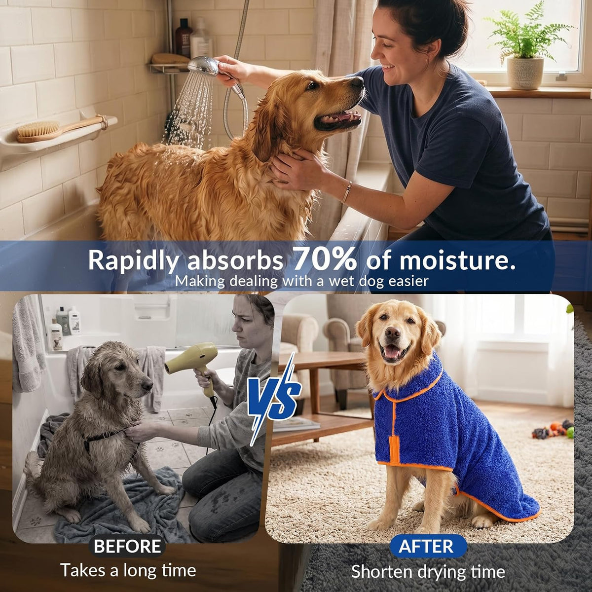 Bienbee Dog Bathrobe, Quick Drying Super Absorbent Pet Robes for Small Medium Large Dogs, Drying Coat for After Bath & Swim, Warm & Cozy Dogs Towels, Dog Puppy Bath Supplies, Dark Blue-M