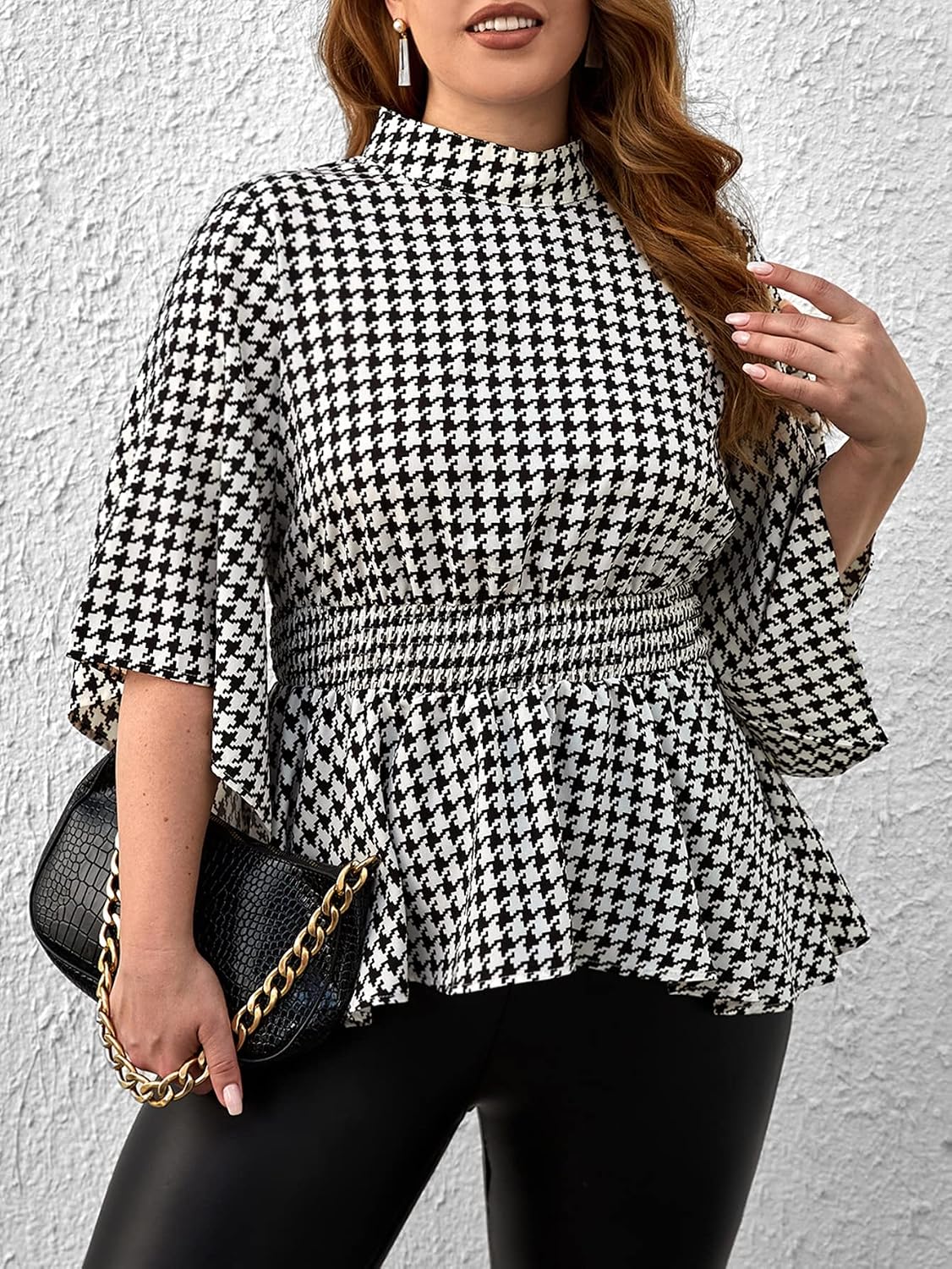 WDIRARA Women's Plus Size Houndstooth Print Plaid Ruch Ruffle Hem High Neck Flare Half Sleeve Casual Blouse Tops.
