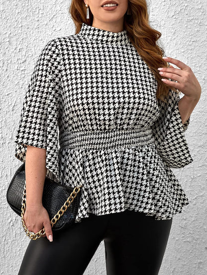 WDIRARA Women's Plus Size Houndstooth Print Plaid Ruch Ruffle Hem High Neck Flare Half Sleeve Casual Blouse Tops.