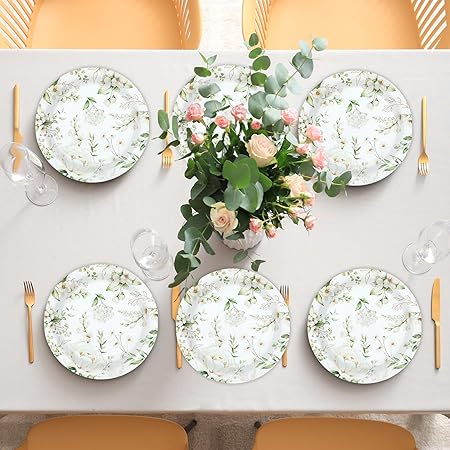 48PCS White Floral Party Paper Plates 7In Wildflower Party Decorations Spring Blossom Flowers Dinner Plates Greenery Disposable Tableware for Wedding Bridal Baby Shower Birthday Party Supplies