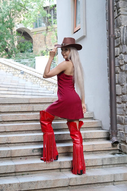 Fringe Thigh High Red Boots