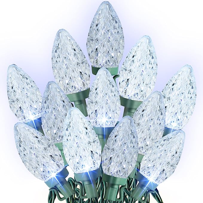 Dazzle Bright C9 white Christmas lights for outdoors, 50 33-foot LED lights, waterproof, green wire, fairy lights for indoor and outdoor, for Christmas tree, patio