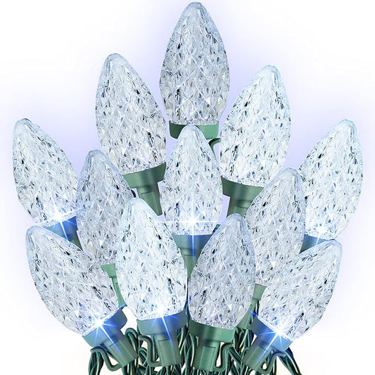 Dazzle Bright C9 white Christmas lights for outdoors, 50 33-foot LED lights, waterproof, green wire, fairy lights for indoor and outdoor, for Christmas tree, patio