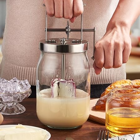 Manual Butter Maker Churner, 1.5L Mason Jar Machine With Stainless Steel Gear and Hand Crank, Wooden Handle for Baking - Top Gadgets