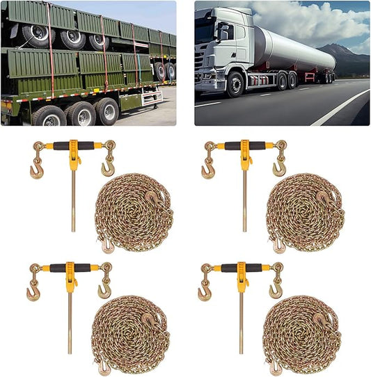 Chain Load Binder, 516" -38" and 516"20ft Tie Down Kit w 3300LBS Working Load Capacity and Two Grab Hooks, Includes (4) Binders and (4) Chains, Transport Load Package for Hauling