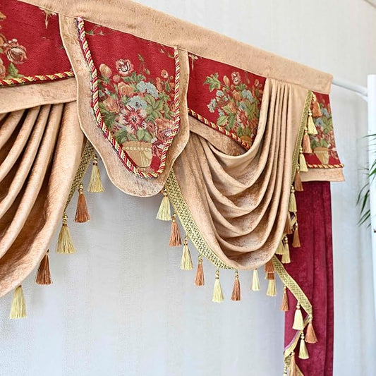 Luxury Brown Burgundy Floral Waterfall Swag Valance with Tassels for Living Room Bedroom Windows European Design Rod Pocket Top (150 cm, 1 Panel)