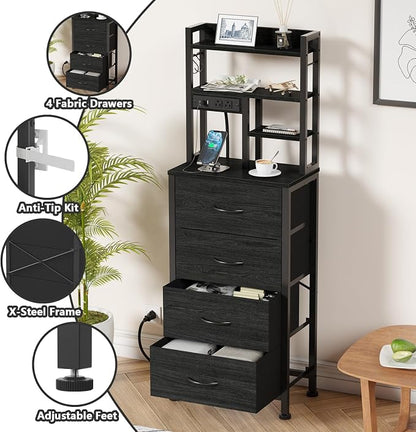 Tall Nightstand, LED Night Stand with Charging Station and USB Ports, 4 Fabric Drawers and 4 Tier Storage Shelf, Nightstands Bedside Tables for Bedroom, Dorm, Office (Black Oak)
