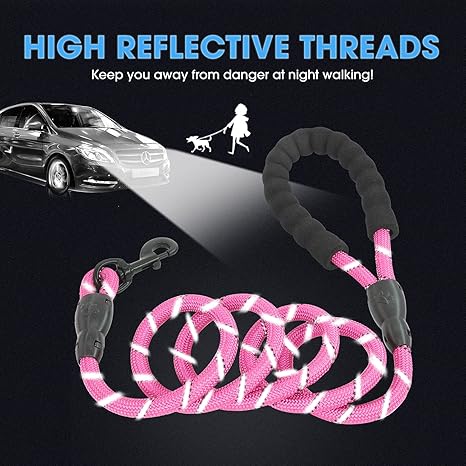 BAAPET 2456 FT Dog Leash with Comfortable Padded Handle and Highly Reflective Threads for Small Medium and Large Dogs (5FT-12'', Pink)
