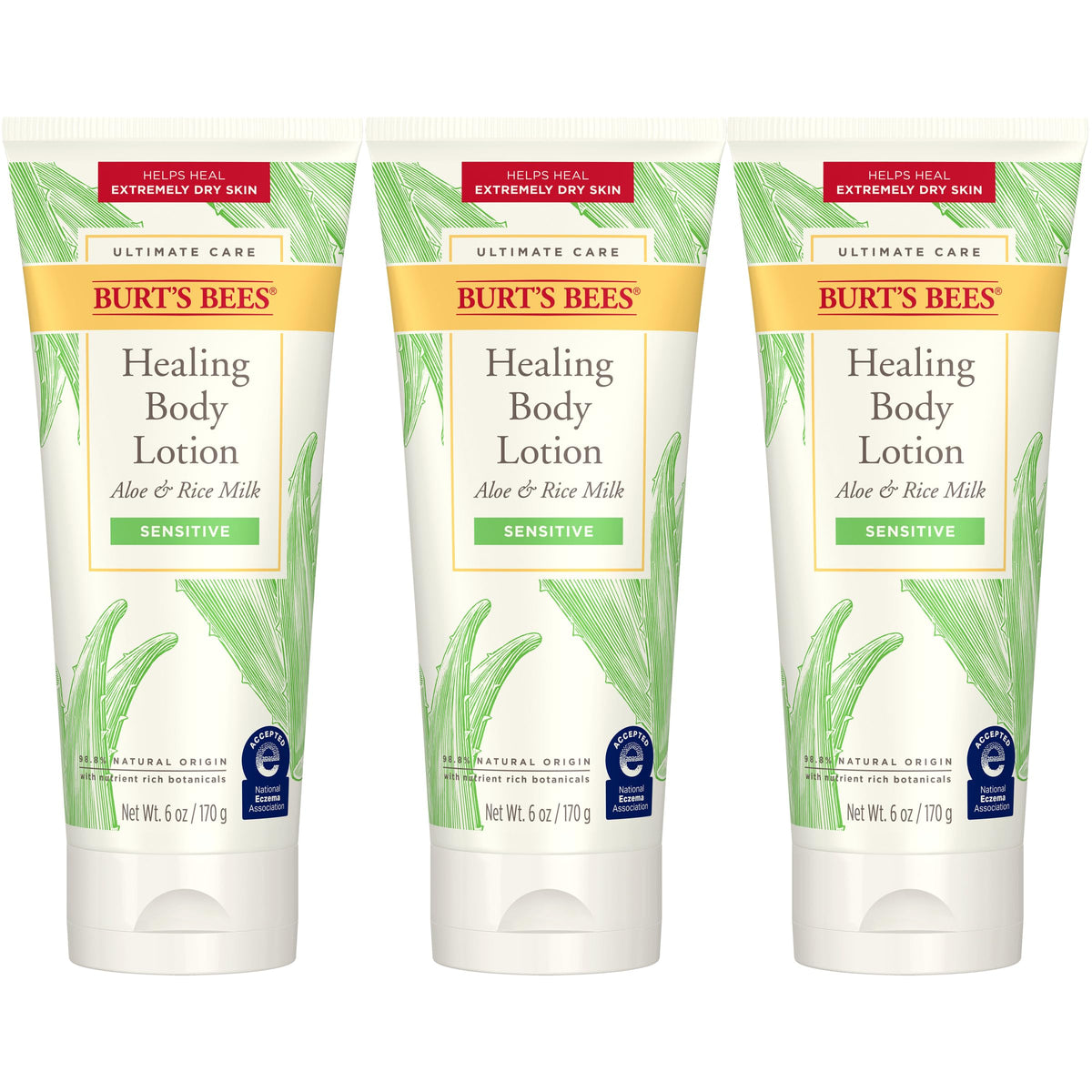 Burt's Bees Ultimate Care Healing Body Lotion with Aloe and Rice Milk for Sensitive Skin, 98.8% Natural Origin, 6 Ounces (2 Pack)