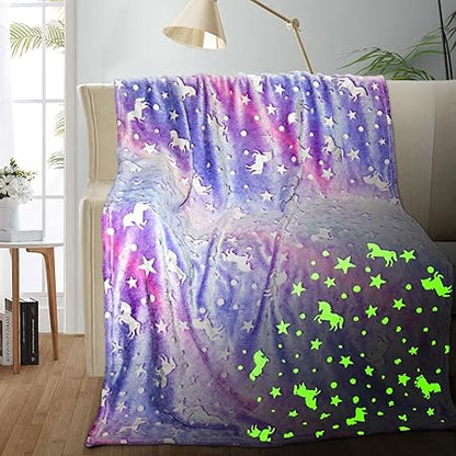 Unicorn Glow in The Dark Blanket for GirlsKids Age 3-12, Soft Fleece Throw - 40"x60"