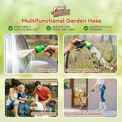 Flexi Hose with 8 Function Nozzle Expandable Garden Hose, Lightweight  No-Kink Flexible Garden Hose, 34 inch Solid Brass Fittings and Double Latex Core, 25 ft Blue Black