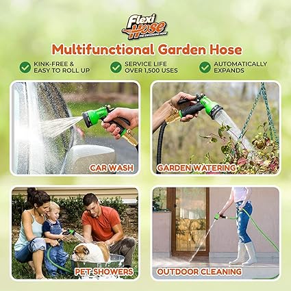 Flexi Hose with 8 Function Nozzle Expandable Garden Hose, Lightweight  No-Kink Flexible Garden Hose, 34 inch Solid Brass Fittings and Double Latex Core, 25 ft Blue Black