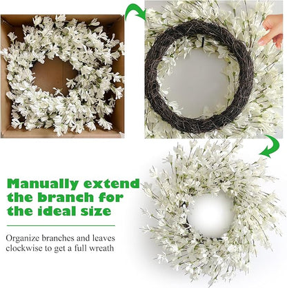 Summer Wreath for Front Door, 24 Inch White Cream Forsythia Summer Spring Wreath Blossom Cluster Flower Farmhouse on Grapevine for Christmas Festival Celebration Front Door Wall Window Hanging Décor