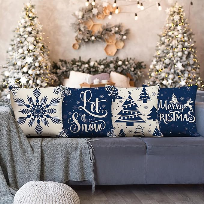 Christmas Pillow Covers 16x16 Blue Christmas Decorations Snowflake Throw Pillow Covers Xmas Tree Winter Holiday Decor Cushion Case for Sofa Couch Set of 4