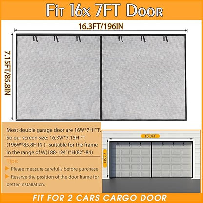 Garage Screen Doors for 2 Car Garage-16x7FT Fiberglass 2300g/5.1lb Durable Heavy Duty Magnetic Garage Door Screen Hands Free with 6 Roll Up Starps for Patio, Outdoor, Gym, Crafts Sun House Porch