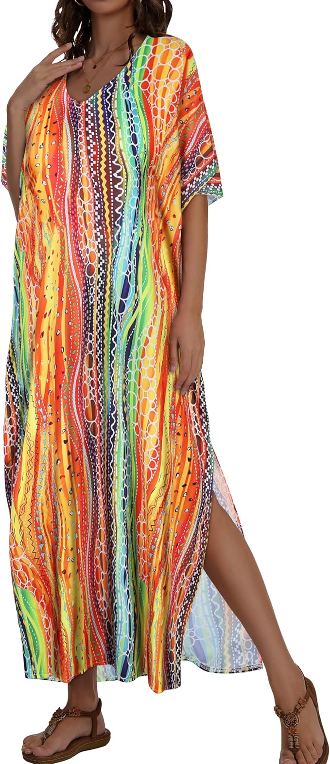 Kaftan Dresses for Women V Neck Caftan Long Batwing Sleeve Swimsuit Cover Up Beach Swimwear