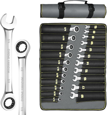 Ratcheting Wrench Set, 22-Piece 72 Teeth Ratchet Wrench Chrome Vanadium Steel with Roll Up Pouch