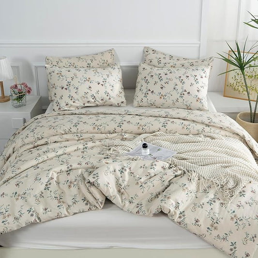 Floral Queen Comforter Set 3 Pieces Soft Chic Garden Style Floral Print Lightweight Vintage Botanical Flowers Comforter Set for All Seasons 1 Comforter and 2 Pillowcases (Floral, Queen)