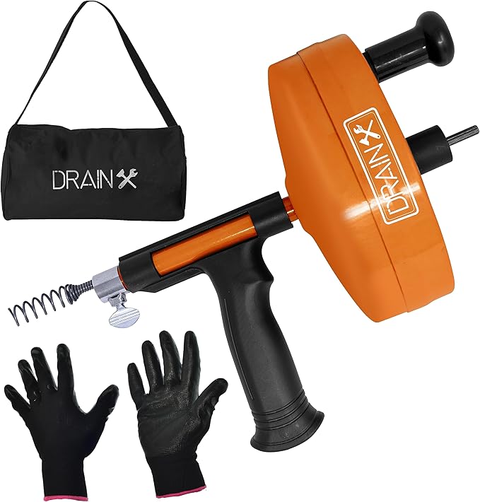 DrainX Power Pro 25-FT Steel Drum Auger Plumbing Snake with Drill Attachment  Drain Snake for Manual or Powered Use  Heavy Duty Drain Cleaning Cable with Work Gloves and Storage Bag Included