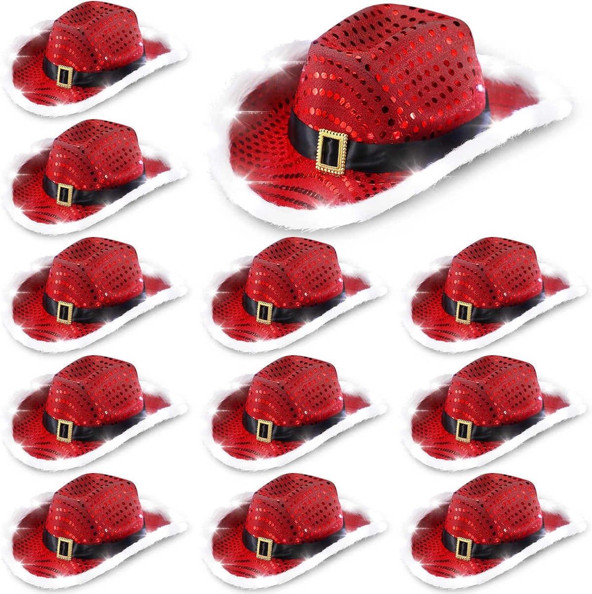 12 Pieces Light Up Santa Claus Cowboy Hats Set, LED Christmas Cowgirl Hat, White and Red Cowboy Hats(White Lights,Sequin Style)