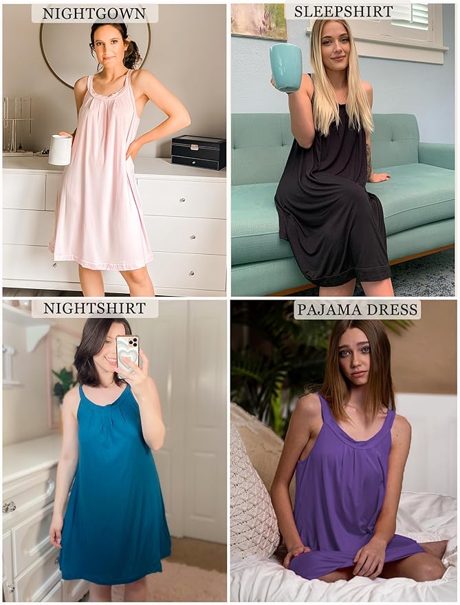 Ekouaer Women's Nightgown Sleeveless Sleepwear Wide Strap Sleep Shirt Pleated Scoopneck Nightshirt S-XXXL