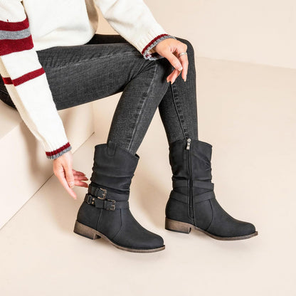 Women's Mid-Calf Cowboy Cowgirl Boots with Low Chunky Heel, Side Zipper, Motorcycle Style, Classic Round Toe,Fashion Western (Black/Dark Brown/Grey) Boots.