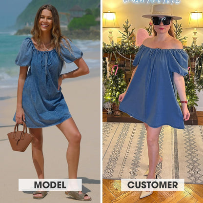 EXLURA Womens Summer Denim Short Puff Sleeve Dresses Knit Loose Plus Size Short Mini Dress 2026 Trendy Spring Outfits
