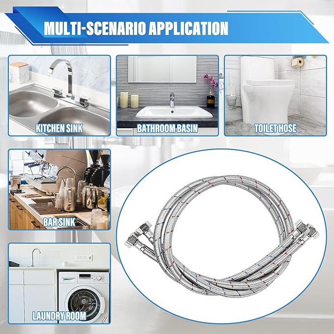 4 Pack 1/2" x 1/2" FIP Flexible Faucet Supply Lines, Bathroom Faucet Hose Connector, 304 Stainless Steel Braided Water Supply Line for Kitchen (24 Inch)
