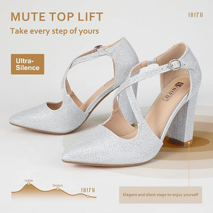 IDIFU Women's IN4 Chunky High Heels Pumps Closed Toe Block Strappy Heels | Prom Wedding Party Office Work Formal Pointed Toe Dress Shoes for Women