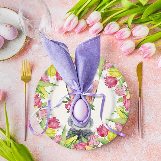 AnyDesign Easter Paper Plates Disposable Tulip Bunny Plates 9 Inch Flower Rabbit Tableware Dessert Plates for Spring Holiday Party Table Decor Supplies, 24Pcs