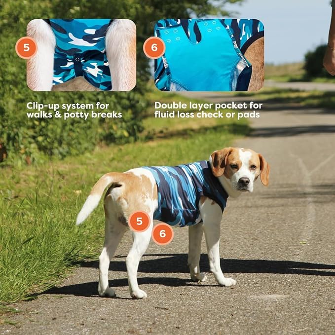 Suit for Dogs - Post-Surgery Suit with Hold-Up System - Breathable Cone-Free Option for Spay, Neuter, Skin Issues - XS Camouflage - Neck to Tail 15.7-17. Inches, 18-24 Inches Chest