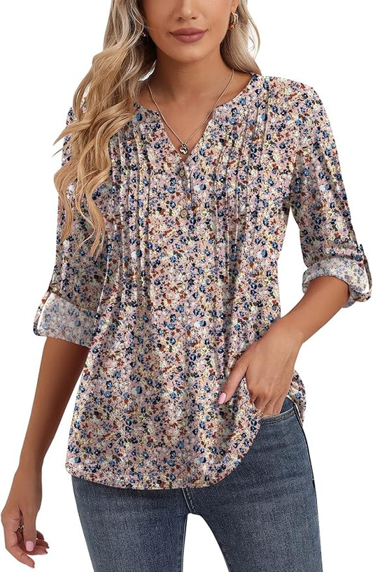 3/4 Sleeve Tops for Women V Neck Henley Long Sleeve Dressy Casual Shirts Ladies Loose Button-up Blouses Tunic