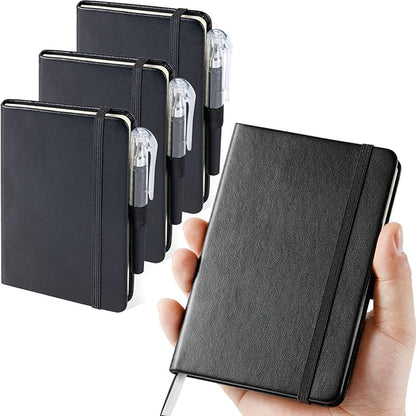 (4 Pack) Pocket Notebook Small Journal with Pen, 3.7" x 5.7", A6 Mini Notebook for Women Men Work Writing, Hardcover Small Pocket Notepad with 100Gsm Premium Thick Lined Paper, Black Leather