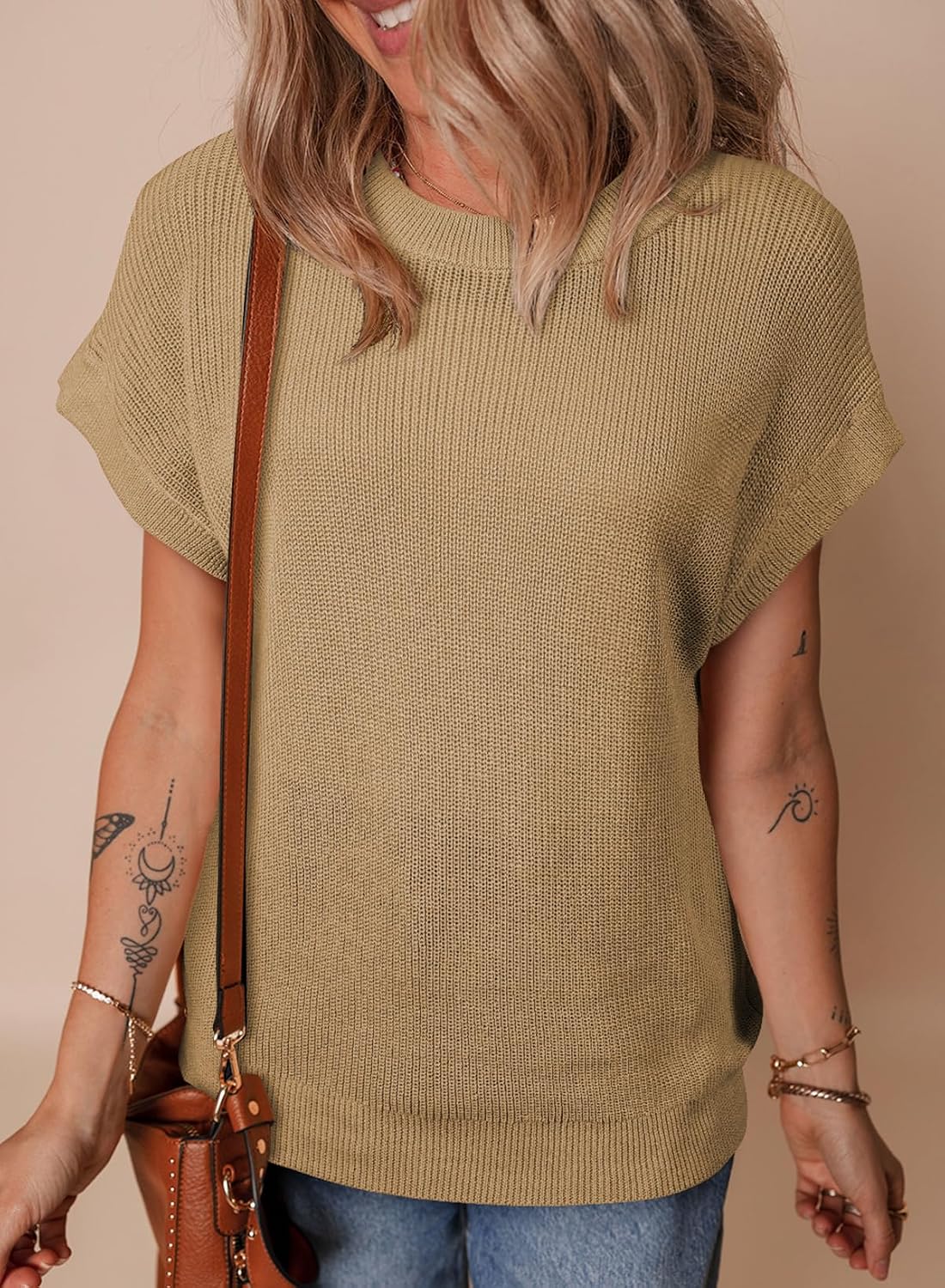 Womens Sweaters Crewneck Short Sleeve Shirts Casual Ribbed Knit Pullover Sweater Loose Tops for Women 2025