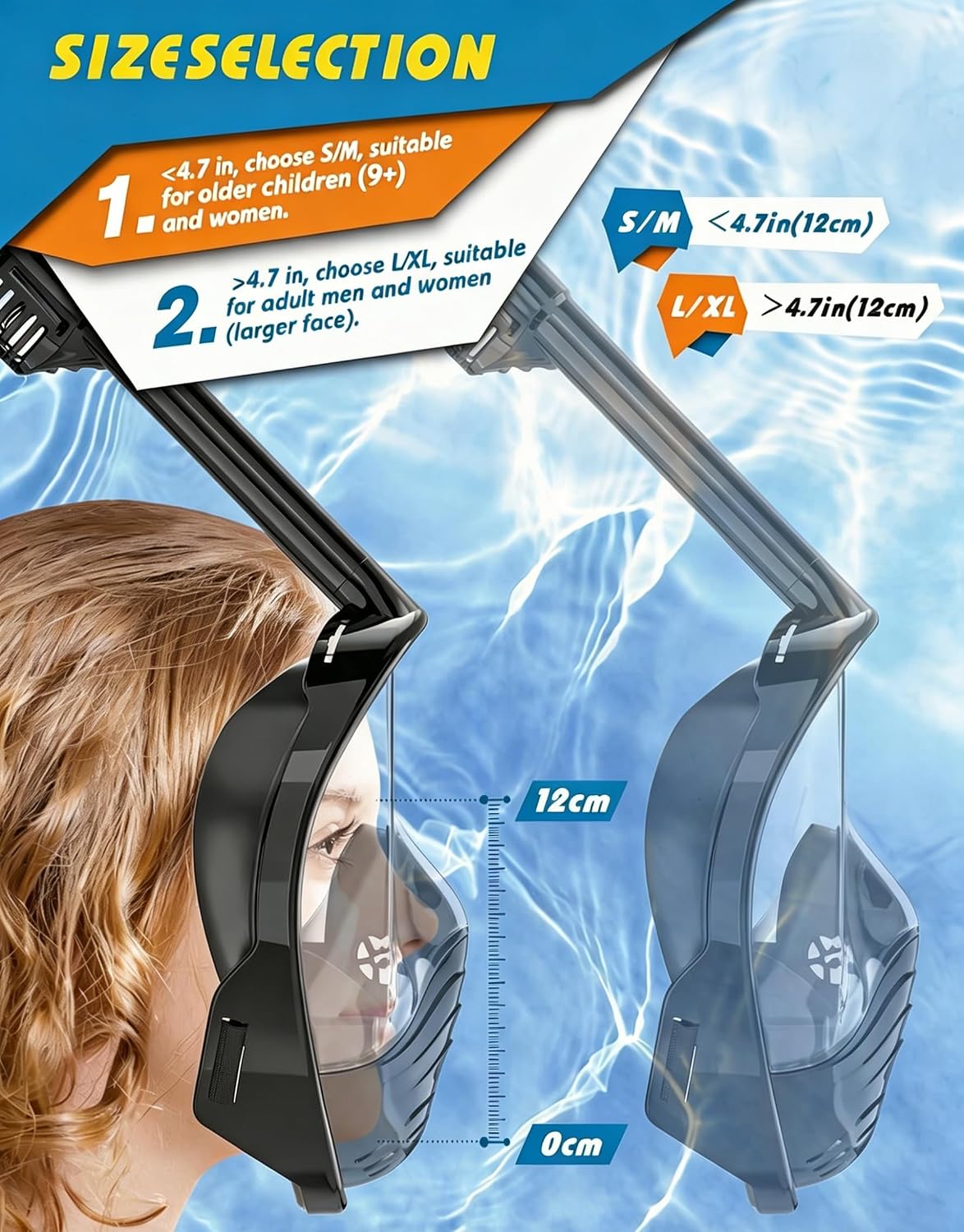 QingSong Full Face Snorkel Mask for Adults, Snorkeling Gear with Camera Mount, 180 Degree Panoramic View Snorkel Set Anti-Fog Anti-Leak