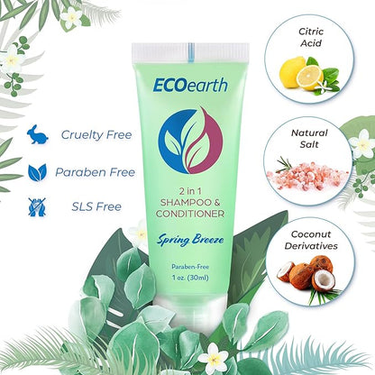 EcoEarth Travel Size Shampoo Conditioner 2-in-1 (1 fl oz, 100 PK, Spring Breeze) Delight Your Guests wRevitalizing  Refreshing Conditioning Shampoo Amenities, Small Size Hotel Toiletries in Bulk