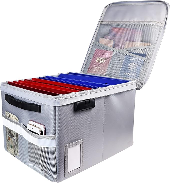File Box with Lock, Fireproof Document Box File Organizer Box, Portable Office Collapsible File Storage with Reflective Strip for Hanging LetterLegal Size FolderCertificate
