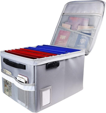 File Box with Lock, Fireproof Document Box File Organizer Box, Portable Office Collapsible File Storage with Reflective Strip for Hanging LetterLegal Size FolderCertificate