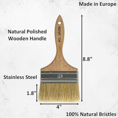 4 Inch Flat Paint Brush - High European Quality - Natural Bristles - for Home, Wood, Walls, Art, Trim  Furniture - for Acrylic, Oil, Stain, Chalk  Latex Paints