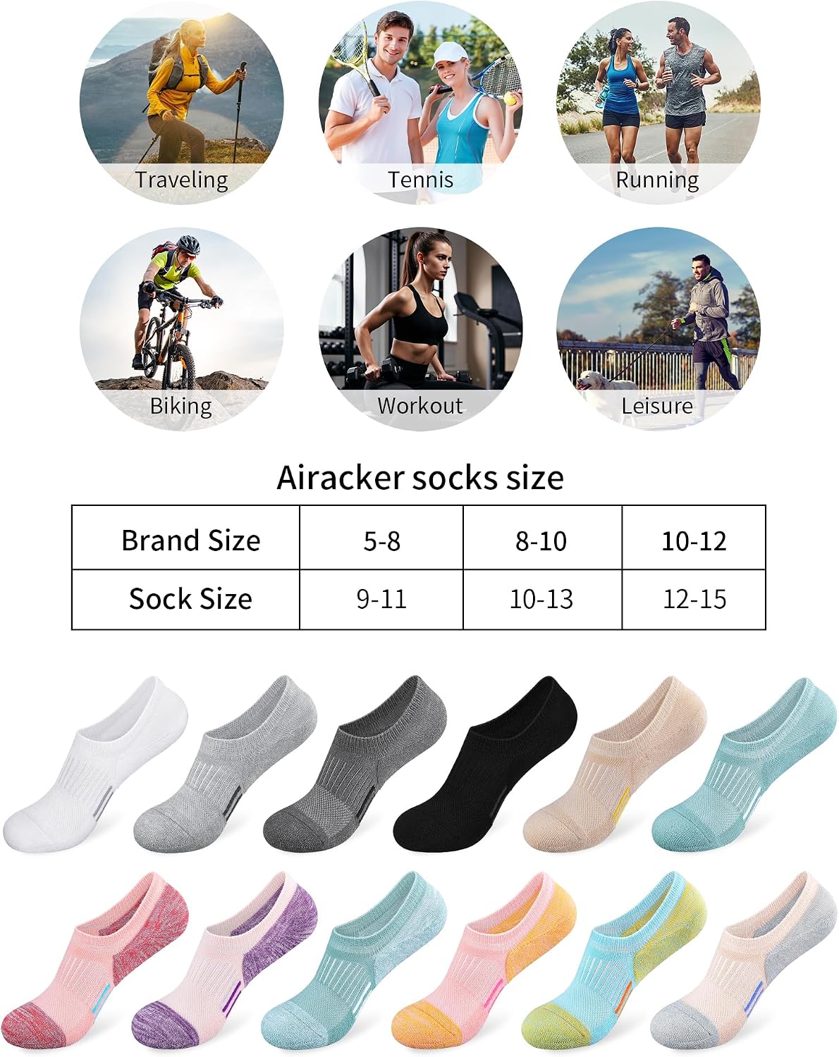 Airacker No Show Socks Womens Athletic Cushioned Low Cut Sports Running Ankle Socks for Women 6 Pairs