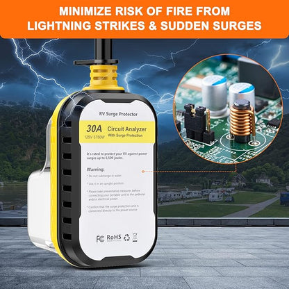 RV Surge Protector 30 Amp, RV Surge Protector with UL Certified, Waterproof Cover, Circuit Analyzer Power Guard for RV, Camper, Trailer -6500 Joules