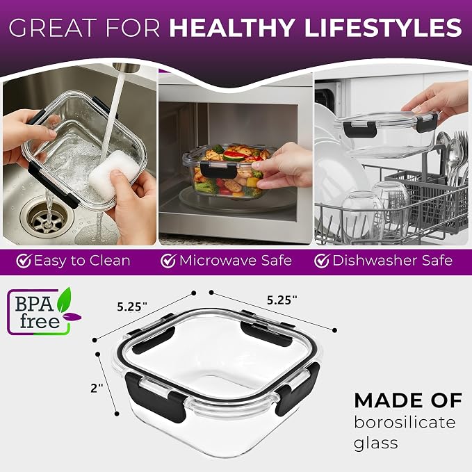 3 Set Glass Food Storage Containers Bowls with Airtight Snap Locking Lids for Meal Prep Leftovers Baking Lunch Boxes Dish (Black, 17oz Square)